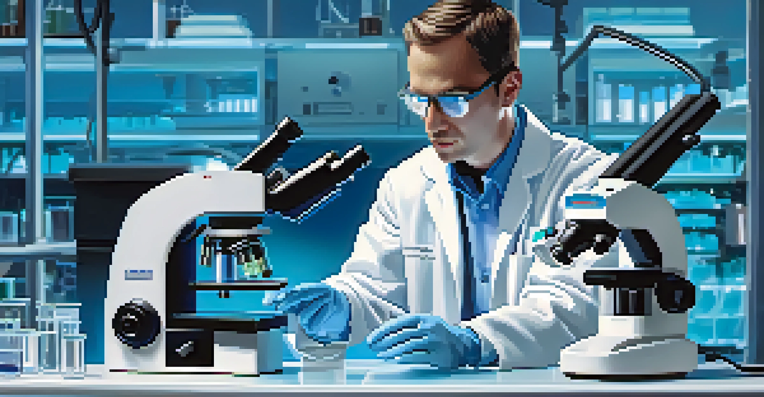 Researcher in a lab coat examining marine samples under a microscope in a well-equipped laboratory.