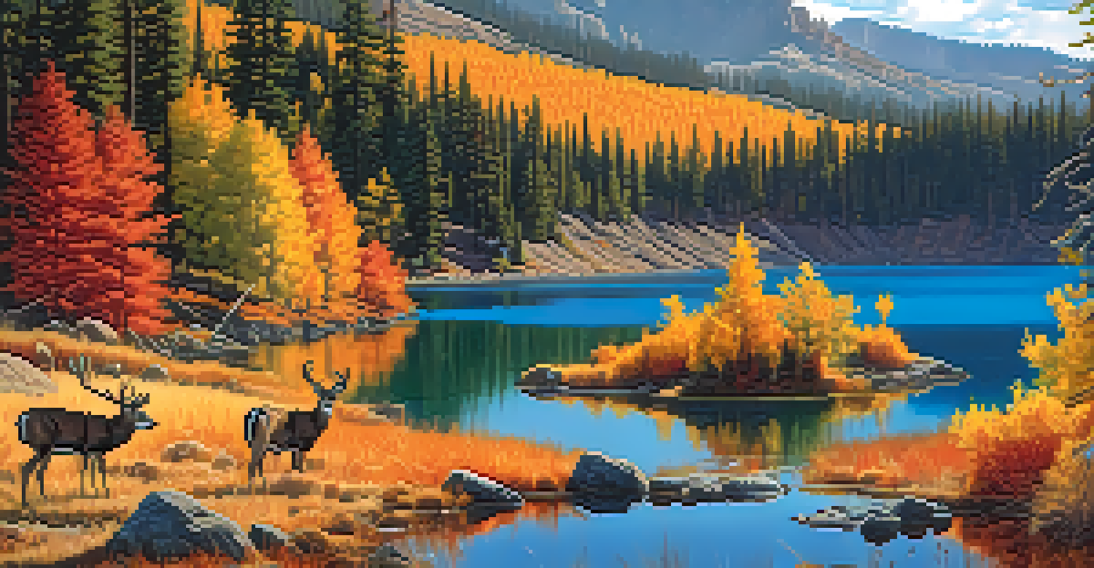 A herd of mule deer grazing near Crater Lake surrounded by stunning autumn colors.