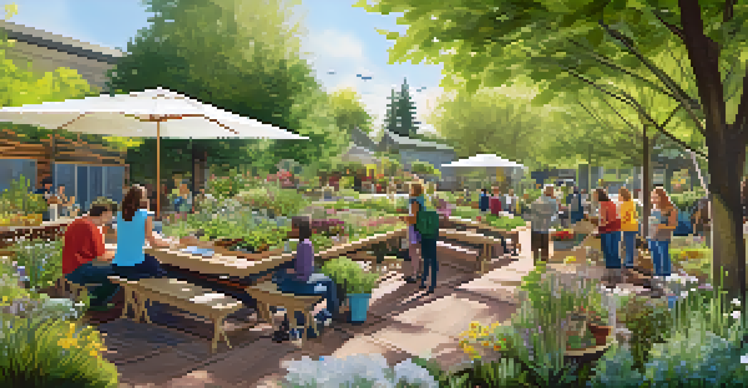 Diverse residents participating in a community workshop in an urban garden, discussing sustainable practices surrounded by blooming flowers and greenery.