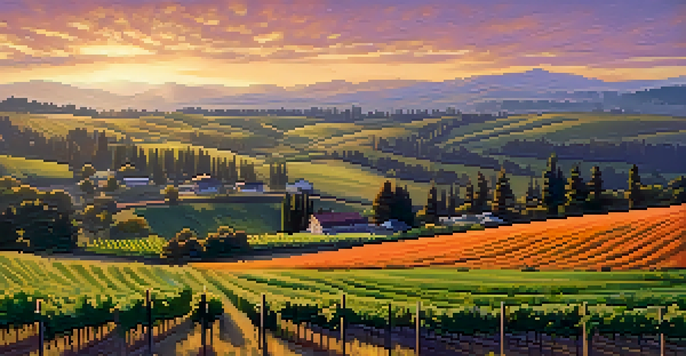 A wide view of Willamette Valley featuring green vineyards under a colorful sunset sky, with a rustic wooden fence in the foreground.
