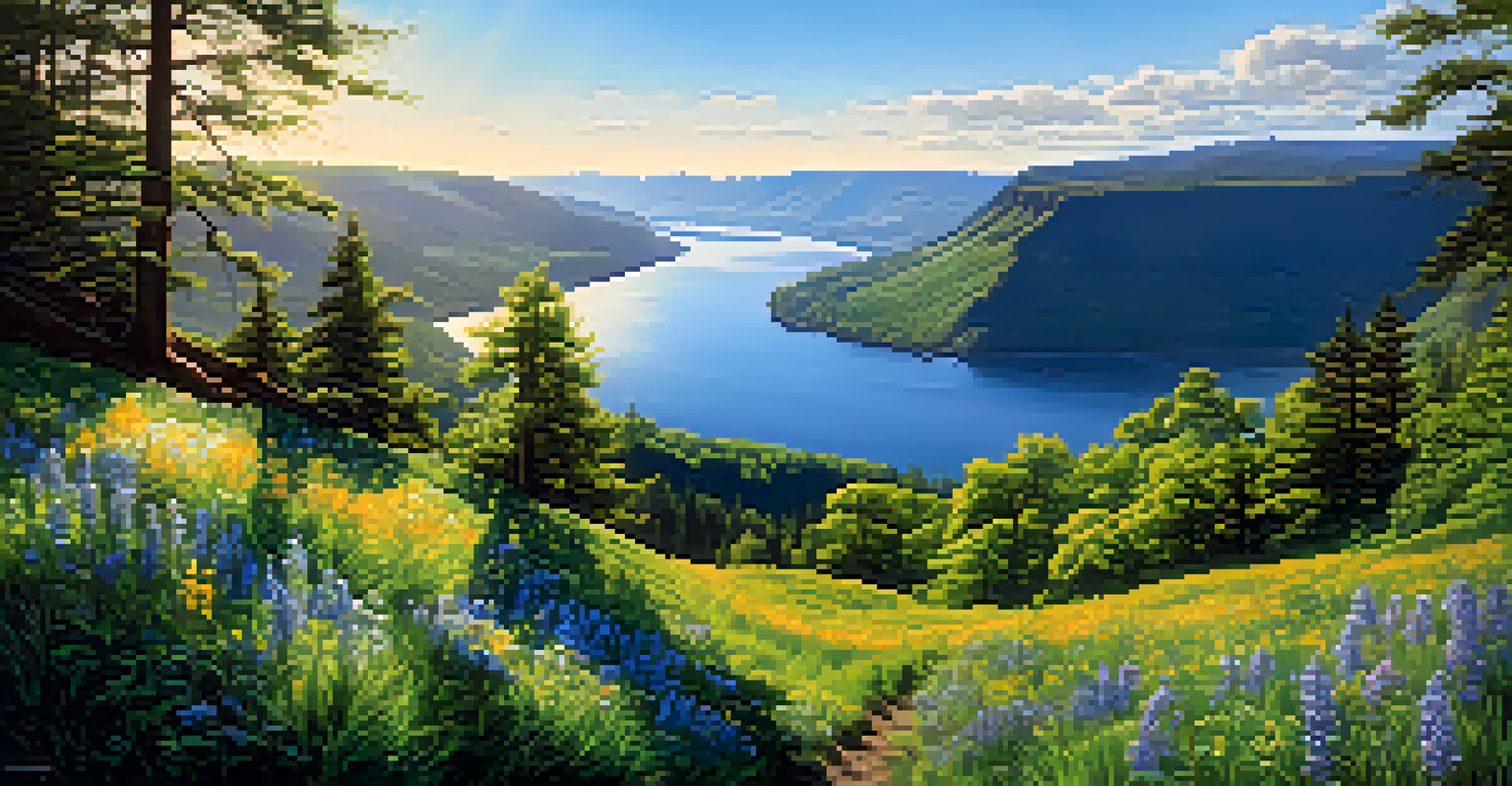 A scenic view of the Columbia River Gorge during spring, filled with colorful wildflowers and greenery, with a river flowing through.