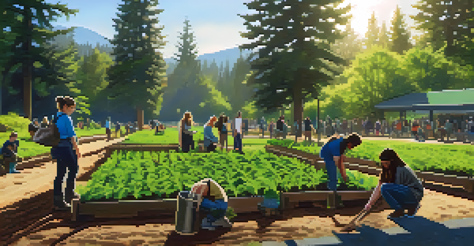 Students engaged in tree planting near a university campus, surrounded by greenery and a forest, emphasizing community and environmental sustainability.