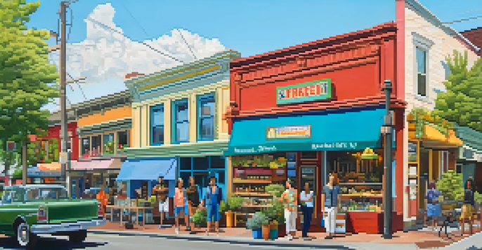 A lively street in Portland with small business owners in front of their colorful shops, surrounded by greenery and a clear sky.