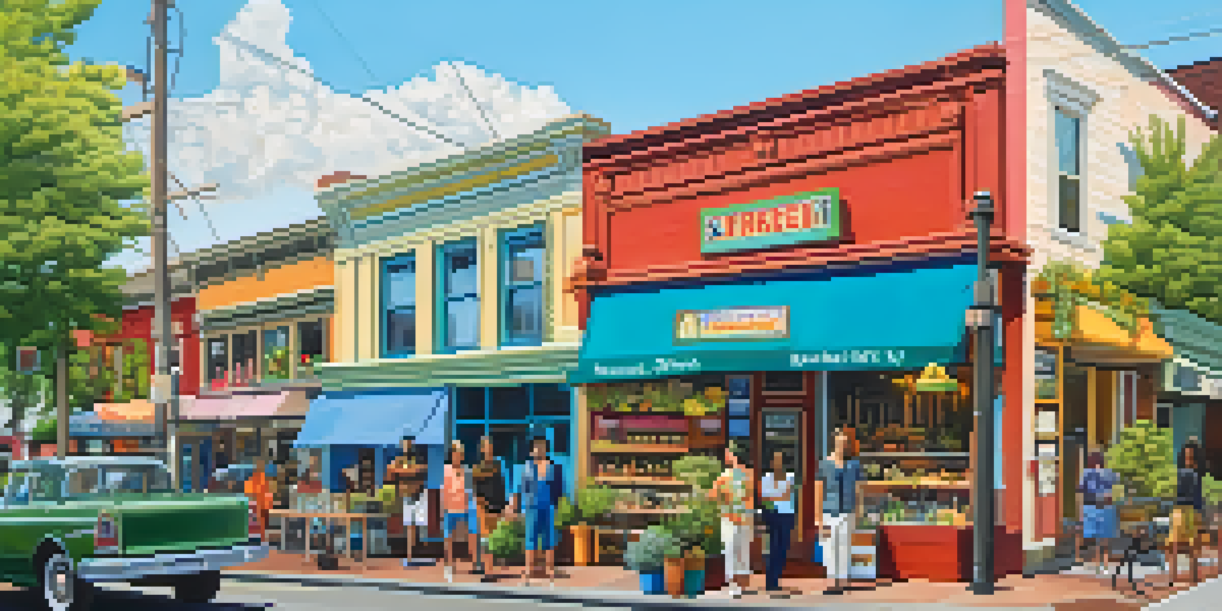 A lively street in Portland with small business owners in front of their colorful shops, surrounded by greenery and a clear sky.