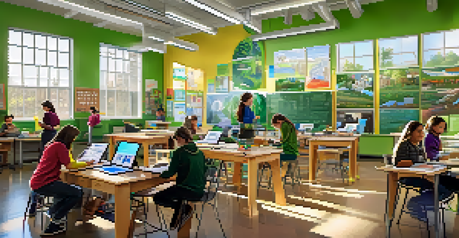 Students participating in STEM activities in a bright classroom in Oregon, with modern tools and educational posters around them.