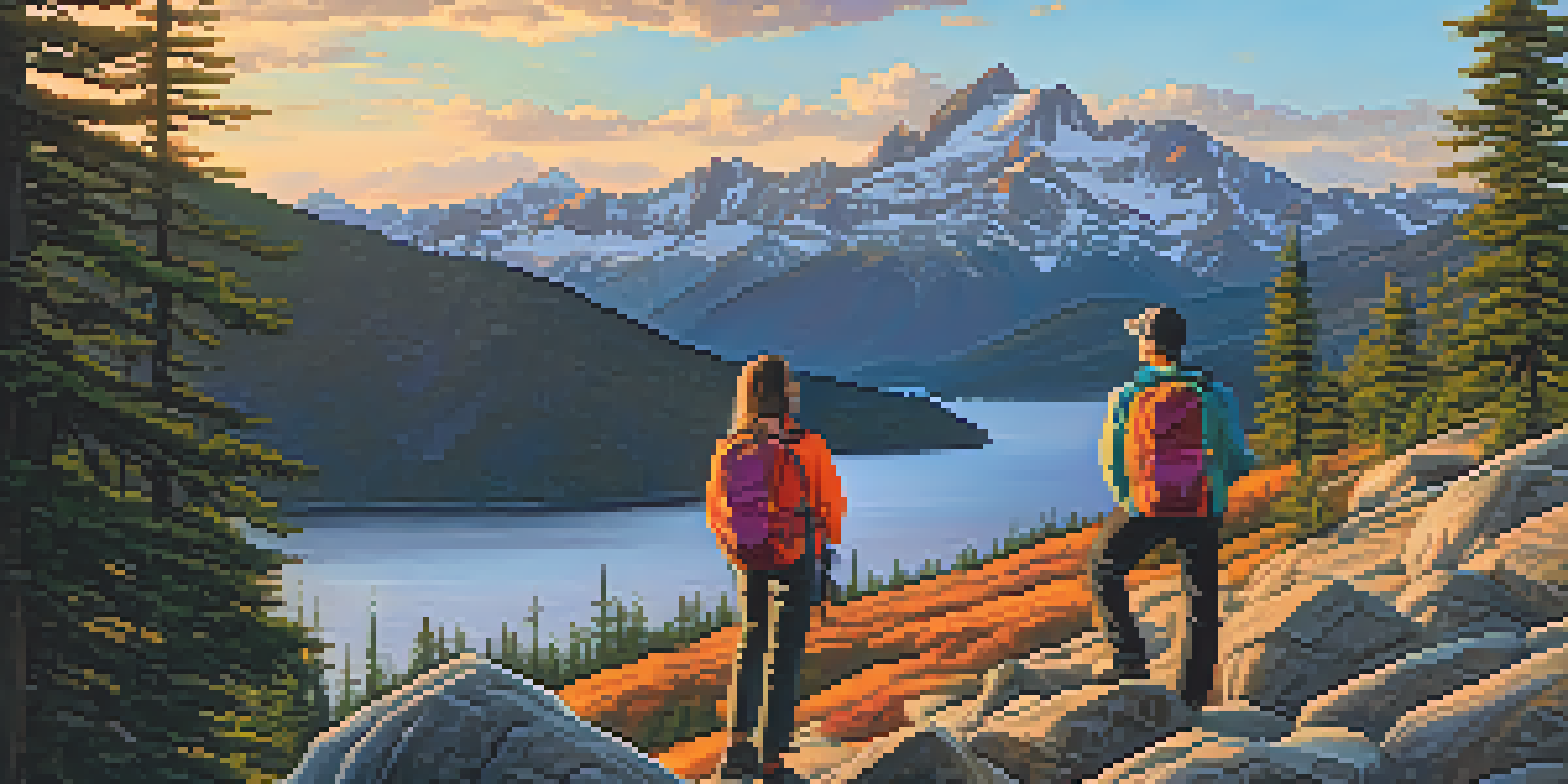 A group of hikers resting on a rocky outcrop in front of the Cascade Mountains during sunset, surrounded by lush pine trees.