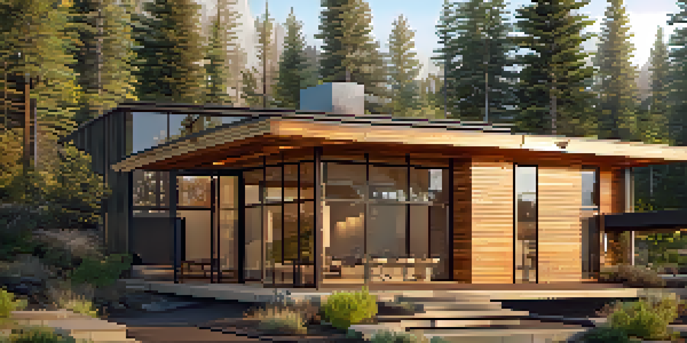 A modern eco-friendly building in Oregon with large windows, a green roof with native plants, and solar panels, illuminated by warm sunset light.