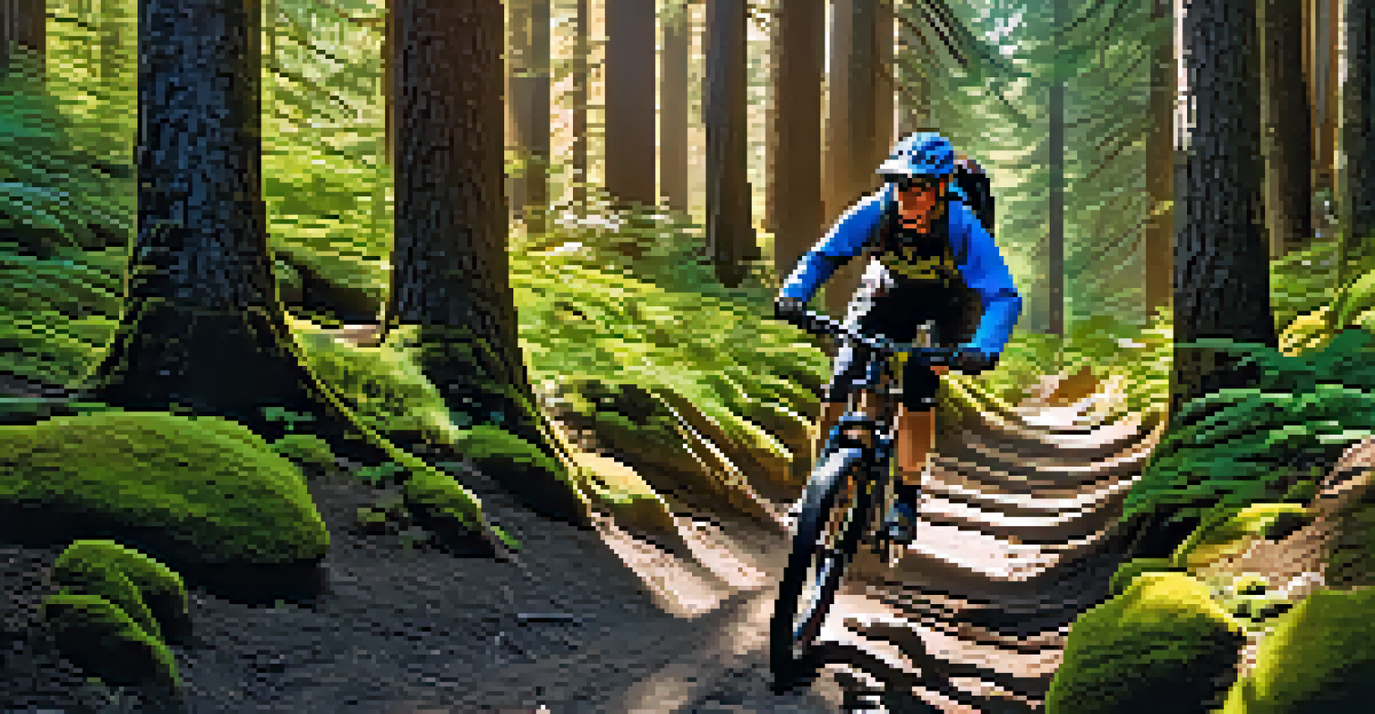A mountain biker riding on a rocky trail in a dense forest with sunlight filtering through the trees.