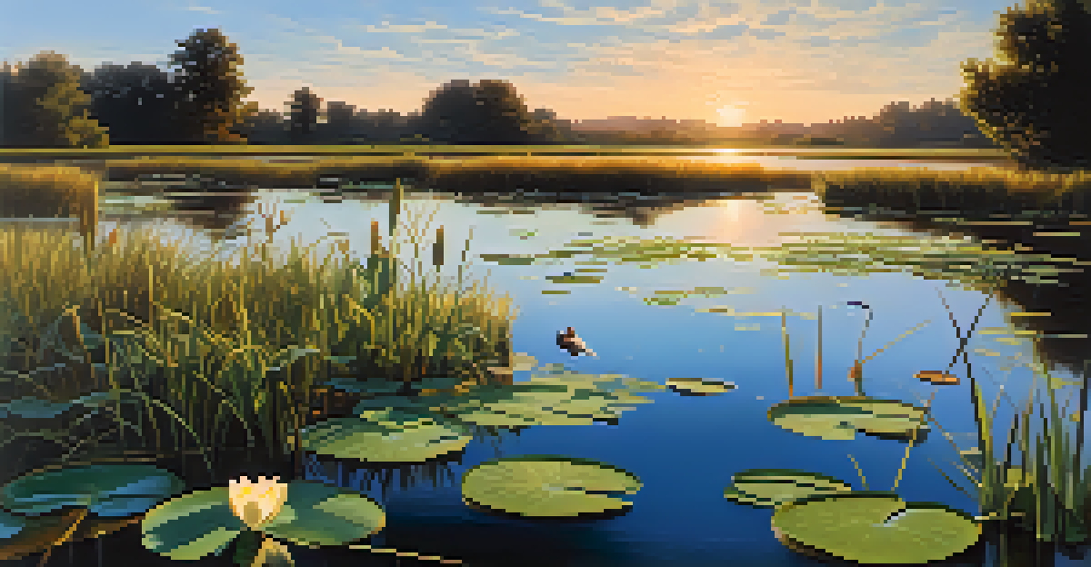 A beautiful wetland in Oregon at sunset with aquatic plants and various birds.