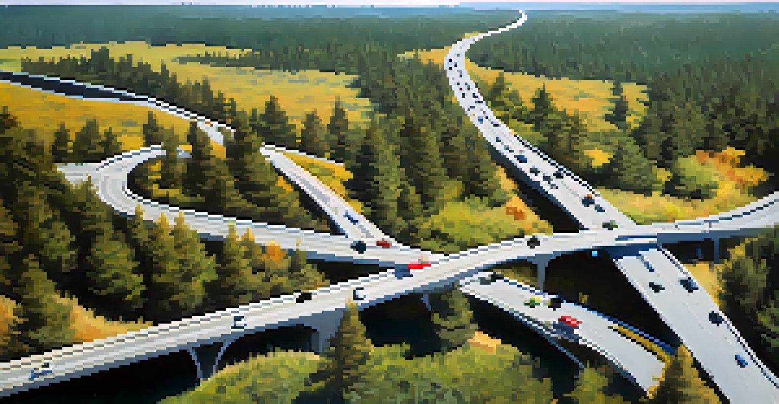 An aerial perspective of a wildlife overpass on a highway in Oregon, with elk and birds using the crossing, surrounded by greenery.