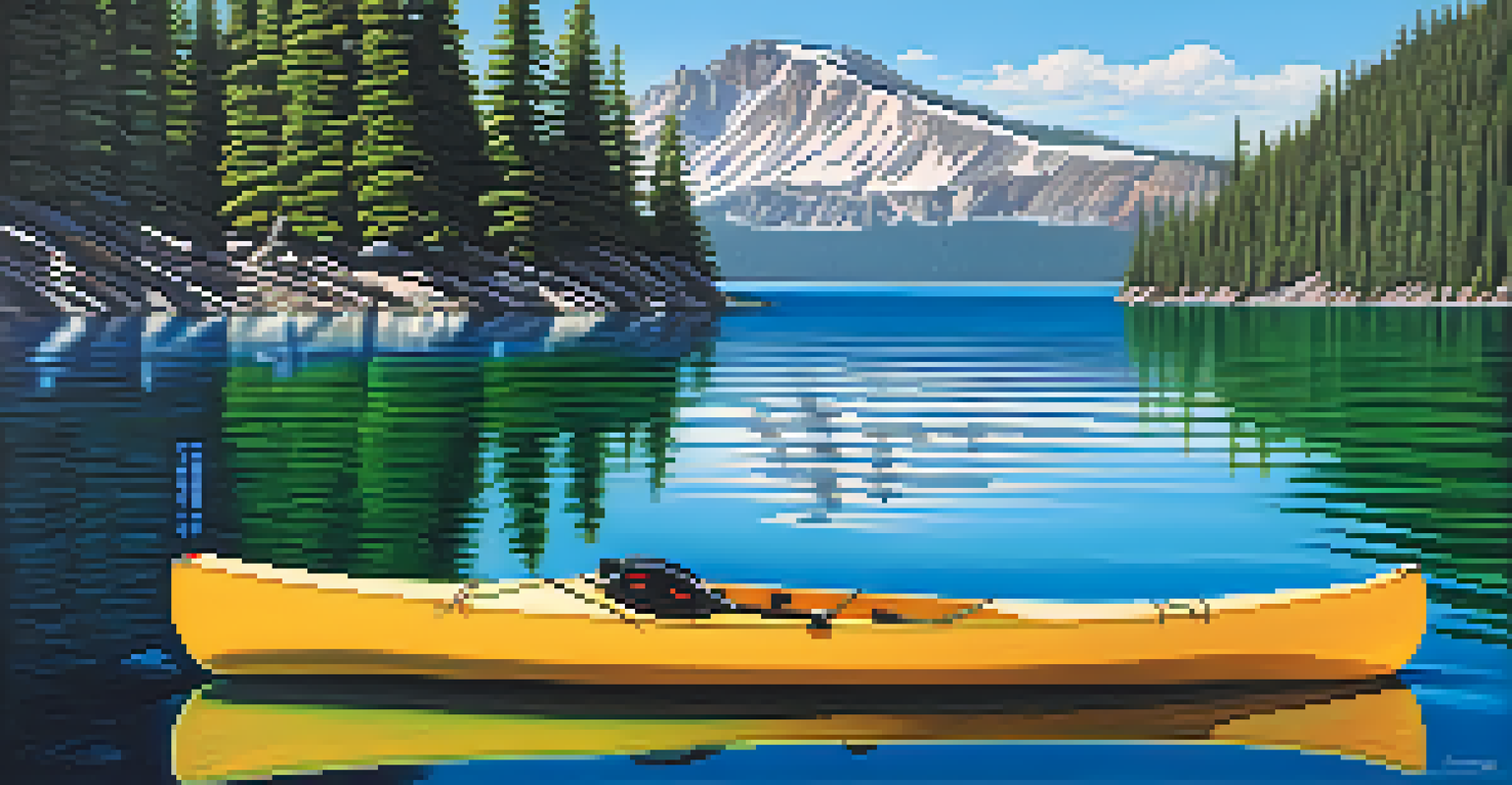 A peaceful summer view of Crater Lake with a kayak on the water and mountains in the background.