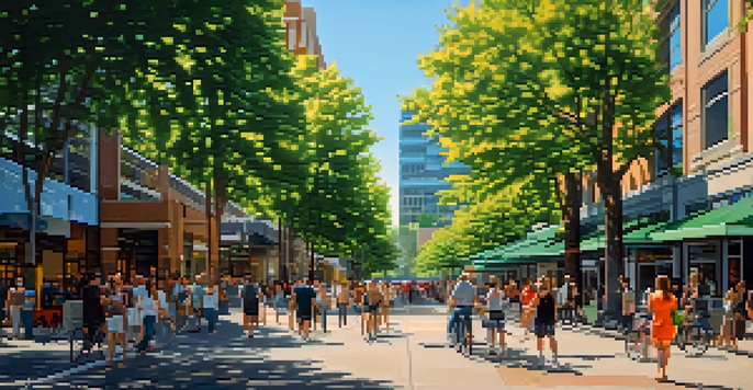 A vibrant urban street in Portland, Oregon, filled with modern buildings and people enjoying the sunny day.