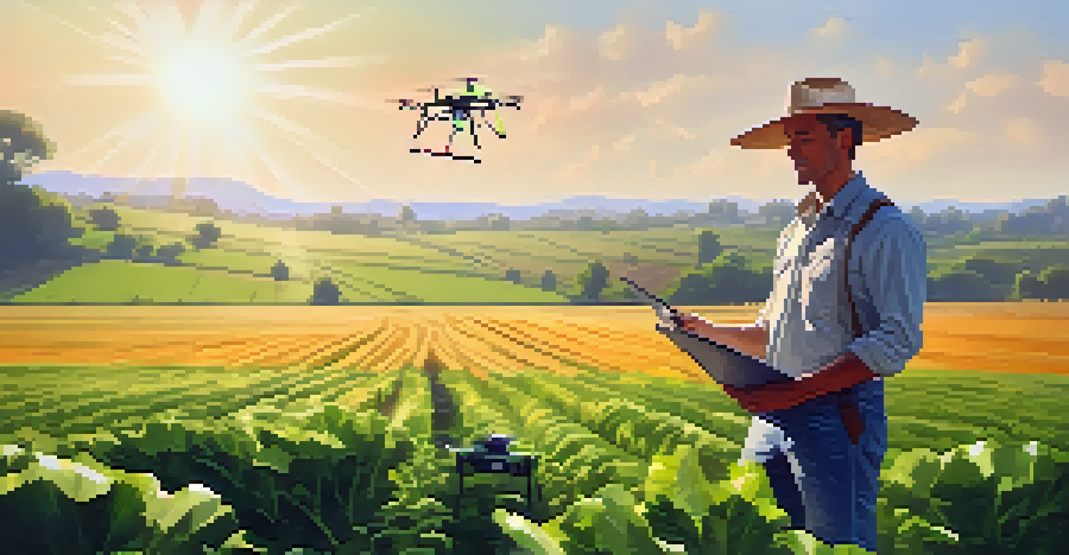 An organic farmer using a drone for crop monitoring in a green field, showcasing modern farming technology.