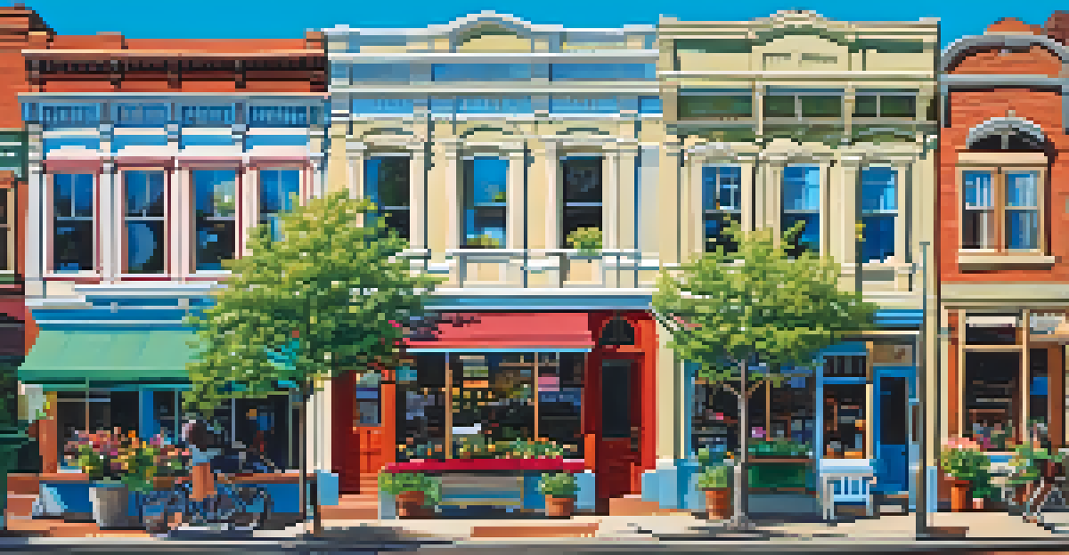 A charming street in Jacksonville, Oregon, with historic storefronts and blooming flowers on a sunny day.