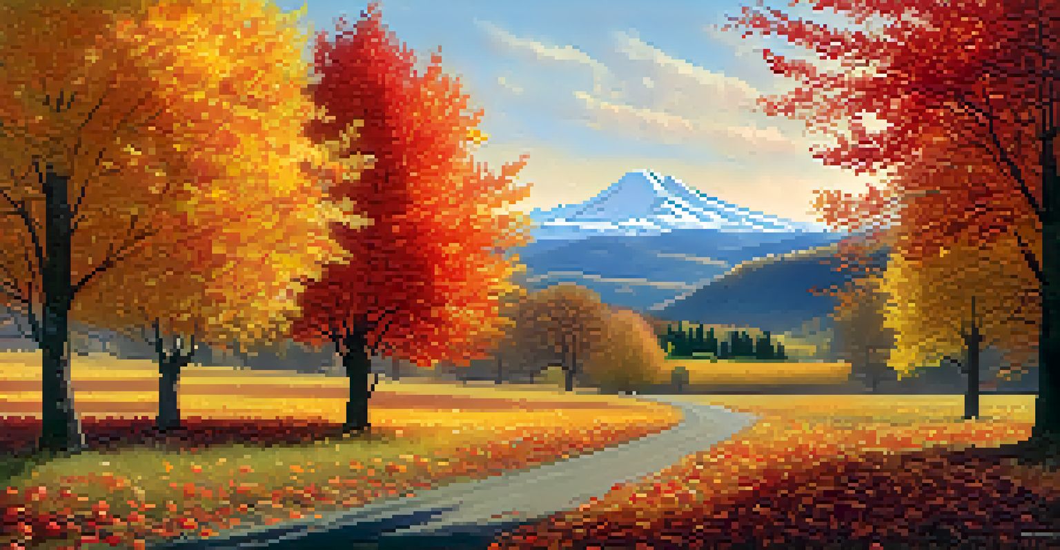 A colorful autumn scene in Hood River Valley with vibrant leaves and an apple orchard.