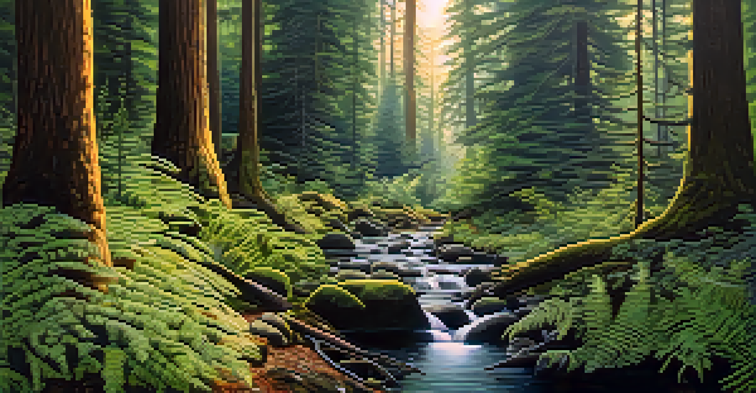 A peaceful forest in Oregon with tall trees, ferns, and a gentle stream under sunlight.