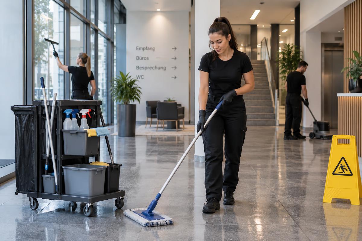 Reinigungskräfte bei der Arbeit in einem modernen Bürogebäude. Zu sehen sind die Boden- und Glasreinigung sowie ein Reinigungswagen mit verschiedenen Arbeitsutensilien.