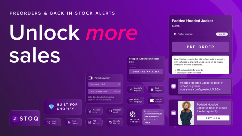 Sell preorder & backorders with partial payments. Send Back in stock alerts on restock to waitlists!