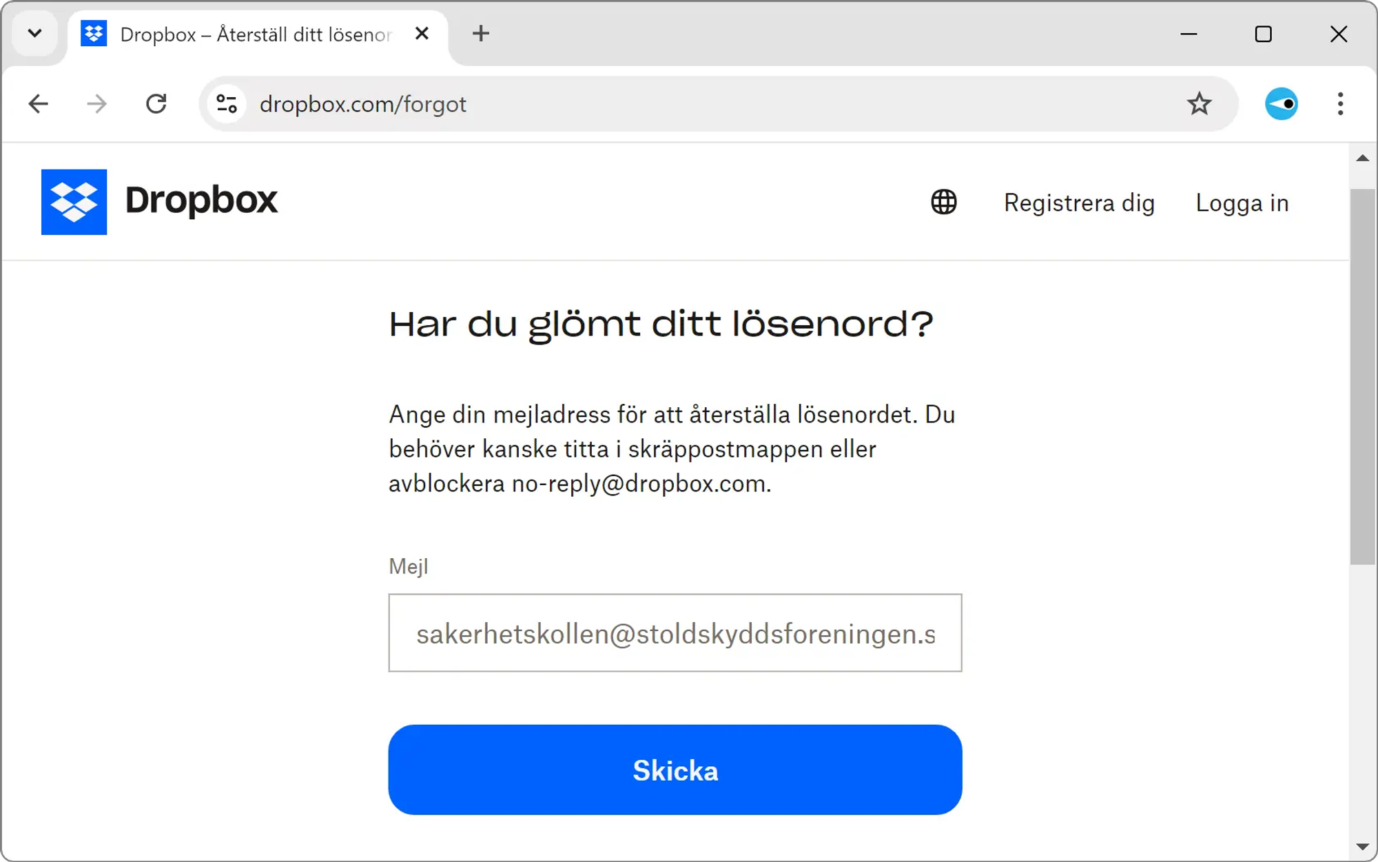 Skärmavbild av Dropbox webbsida för att begära en återställningslänk efter att ha glömt ett lösenord.