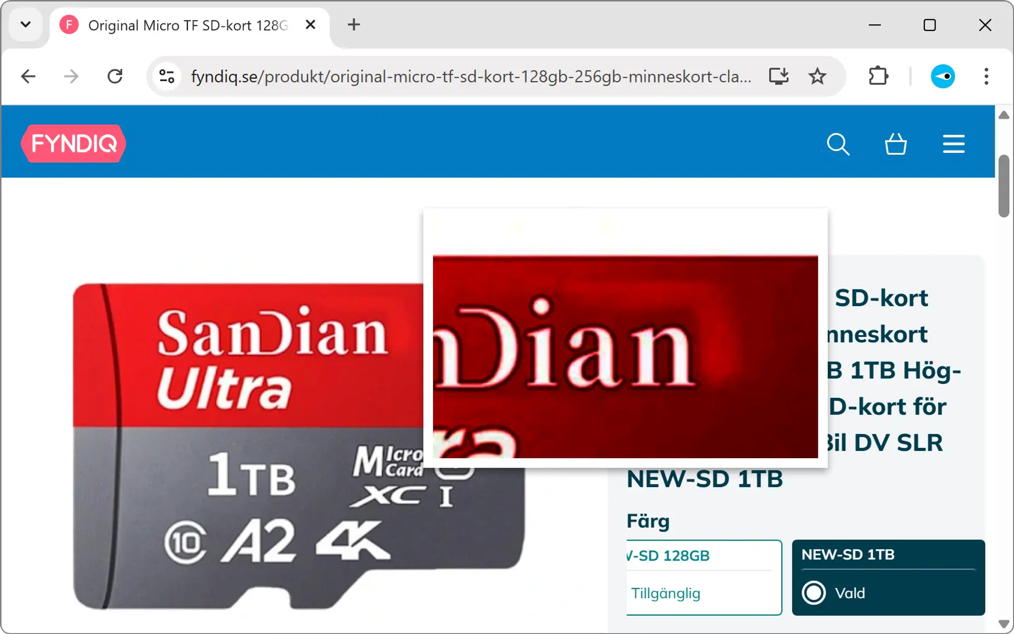 Skärmavbild av Fyndiqs webbplats som visar ett minneskort från Sandian. På produktbilden syns det tydligt hur någon har suddat ut originallogotypen (Sandisk).