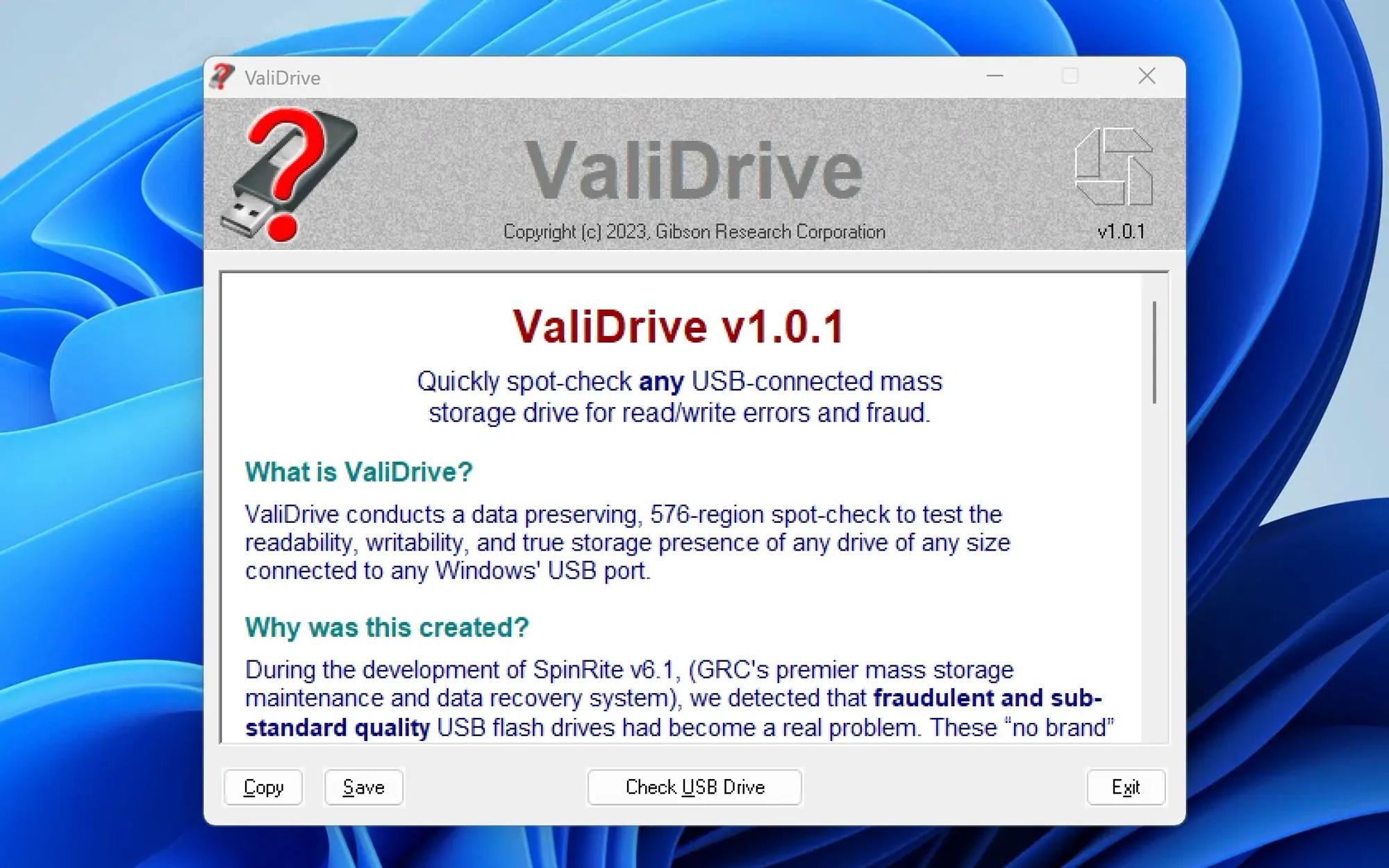 Skärmavbild av Validrive-appens startskärm med knappen ”Check USB Drive”.