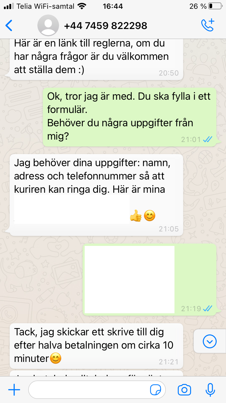 Blocket bedrägeri via whatsapp samtal