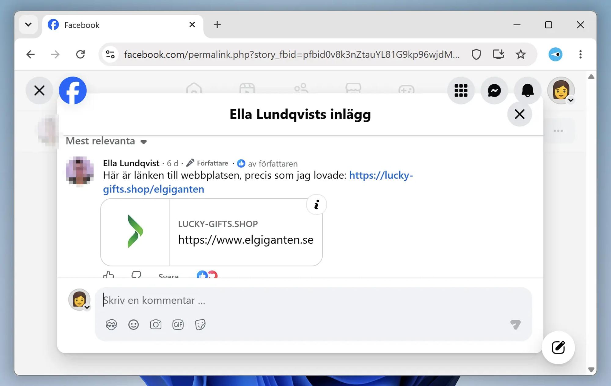Skärmavbild av kommentarsfältet till ett av de bedrägliga inläggen. Bedragarnas länk ser ut att leda till Elgigantens domän och har Elgigantens logotyp. Ovanför visas den riktiga webbadressen som är helt orelaterad. 