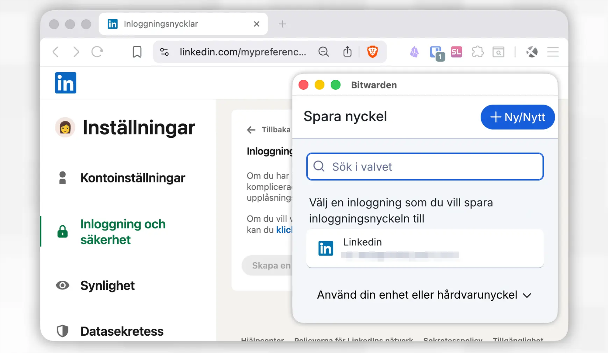 Skärmavbild av Linkedins inställningssida för nyckelinloggning. Lösenordshanteraren Bitwarden frågar ifall användaren vill spara en nyckel.