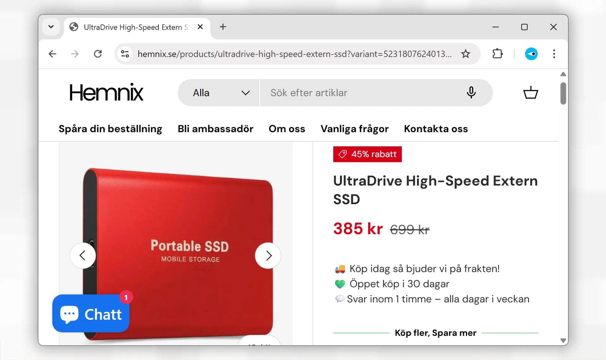 Skärmavbild av svensk dropshipping-butiks webbplats som säljer en röd SSD-disk à två terabyte för 385 kronor. Produkten påstås ha kostat 699 kronor.