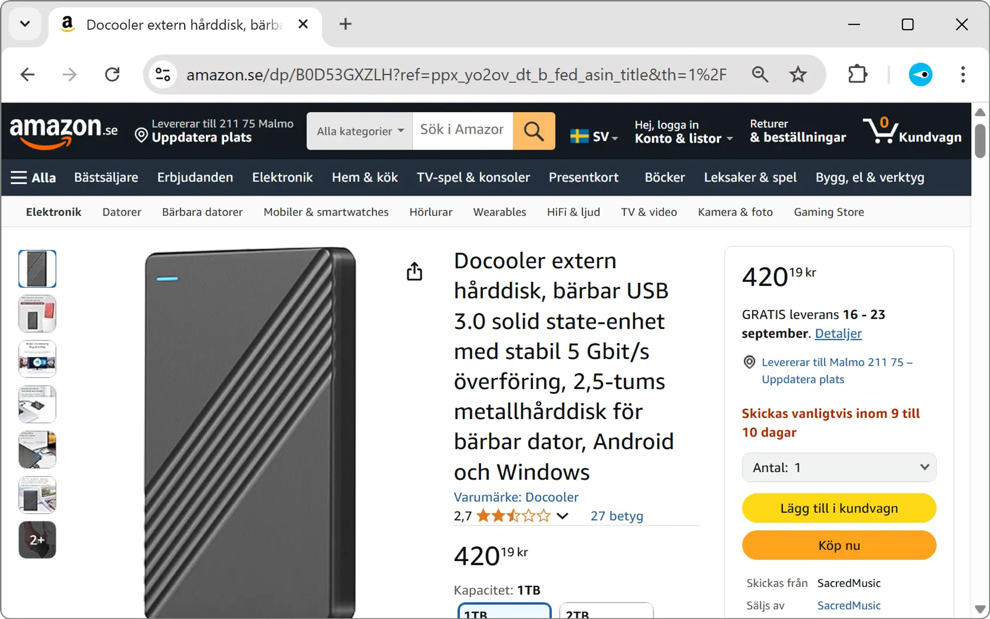 Skärmavbild av Amazons webbutik. Hårddisk med 2,7 av 5 i betyg (27 betyg) går fortfarande att köpa.