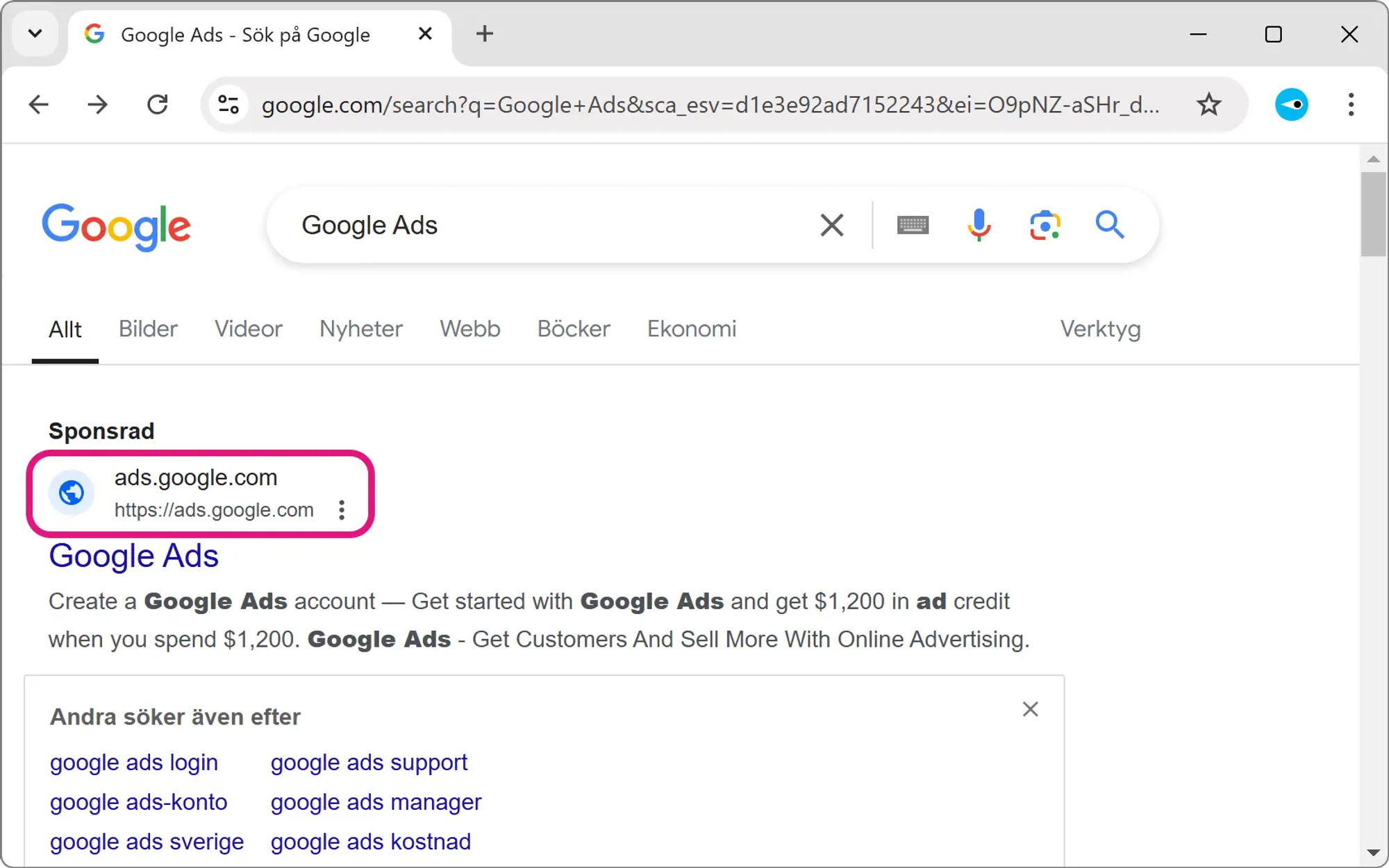 Skärmavbild av webbläsare som visar Googles sökresultat. Längst upp visas ett annonsmärkt sökresultat med rubriken ”Google Ads”. Länken ska enligt sökresultatet leda till ads.google.com.