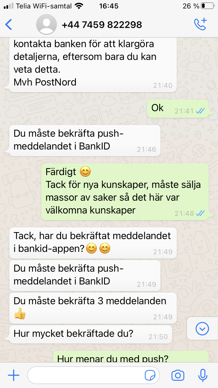 Blocket bedrägeri via whatsapp samtal