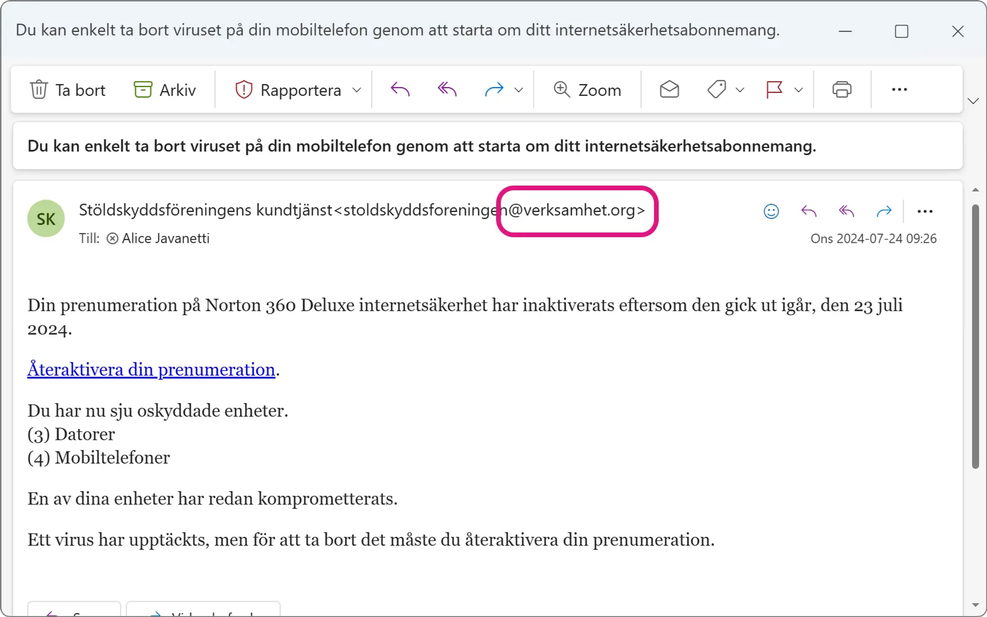 Skärmavbild av nätfiskemejl som kommer från avsändaren ”Stöldskyddsföreningens kundtjänst” med adressen ”stoldskyddsforeningen@verksamhet.org”.