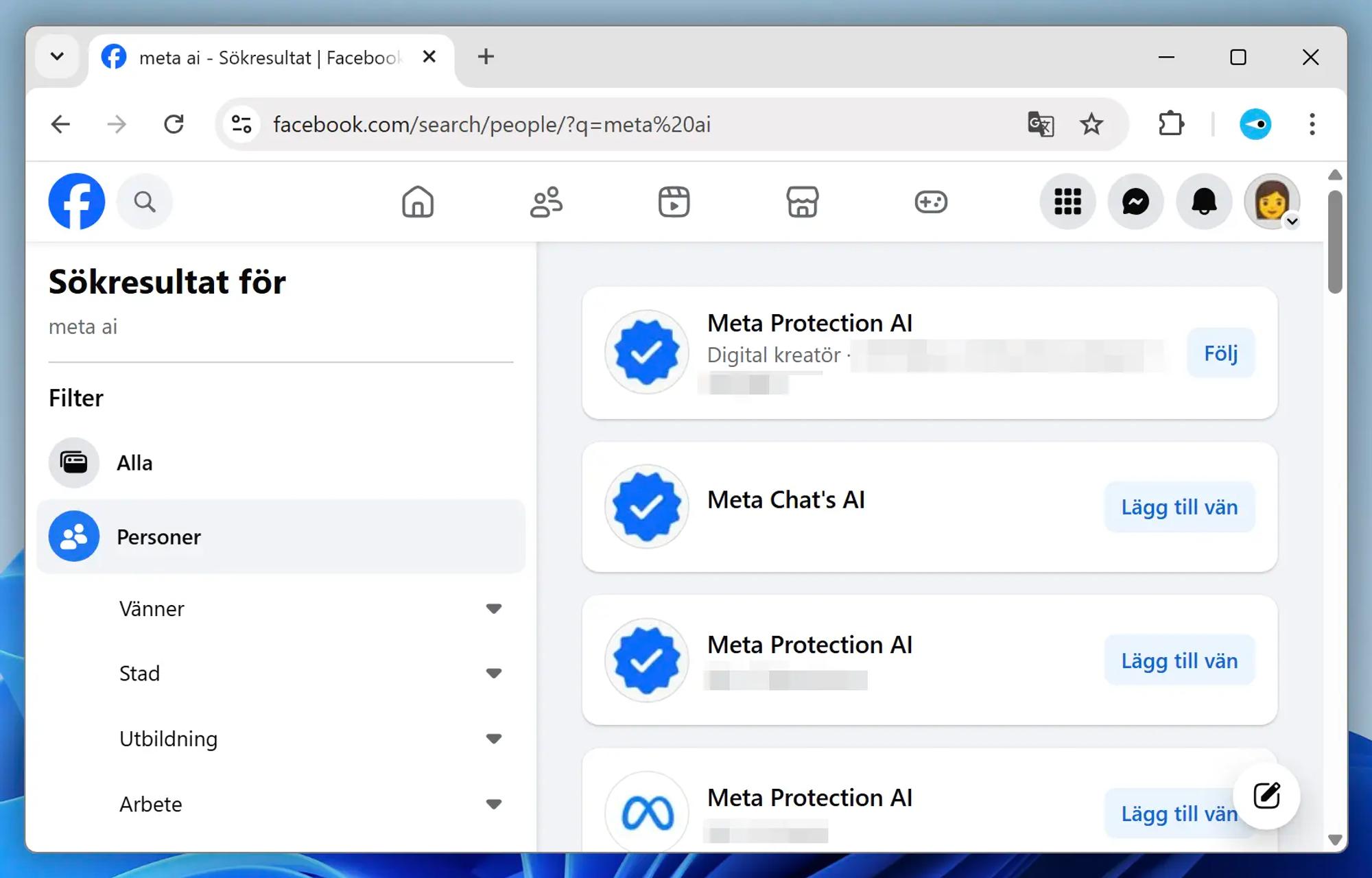Skärmavbild av Facebook. En användare har sökt efter profiler som heter något med ”Meta ai”. Sökresultatet listar fyra kapade Facebook-konton som har fått sina profilbilder utbytta mot blå verifieringsbockar eller Metas logotyp. En profil heter ”Meta chat’s ai”. Resterande tre profiler heter ”Meta protection ai”.