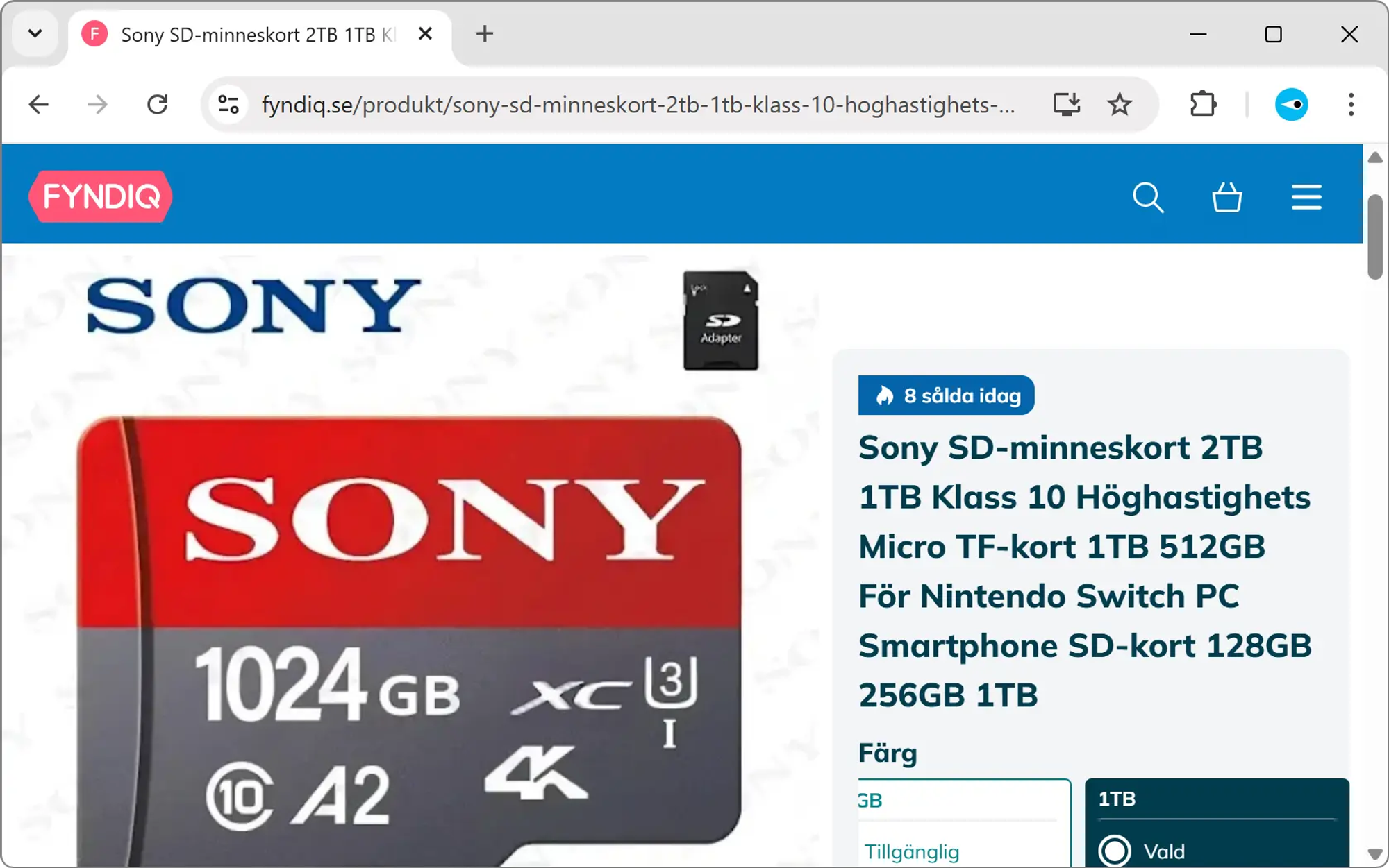 Skärmavbild av Fyndiqs webbplats där det säljs ett Sandisk-designat minneskort med Sonys logotyp. Fyndiq skriver ”8 sålda idag”.