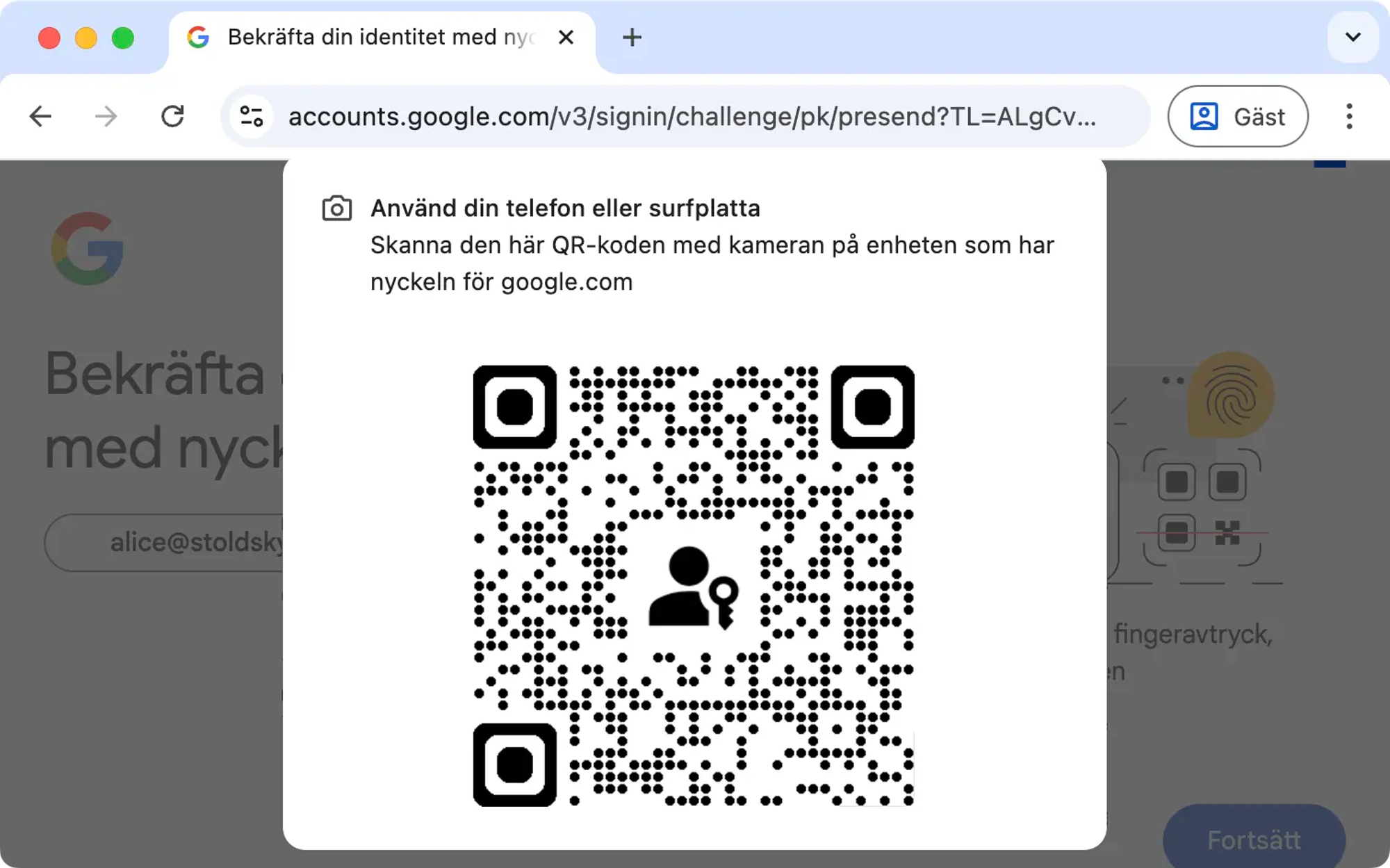 Skärmavbild av inloggningssidan för Google Workspace. Användaren uppmanas att skanna en qr-kod.