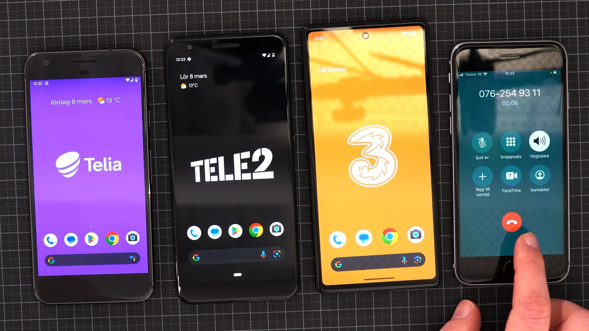 Fotografi på mobiler med Telias, Tele2:s och Tres logotyper tagen under pågående spoofingtest.