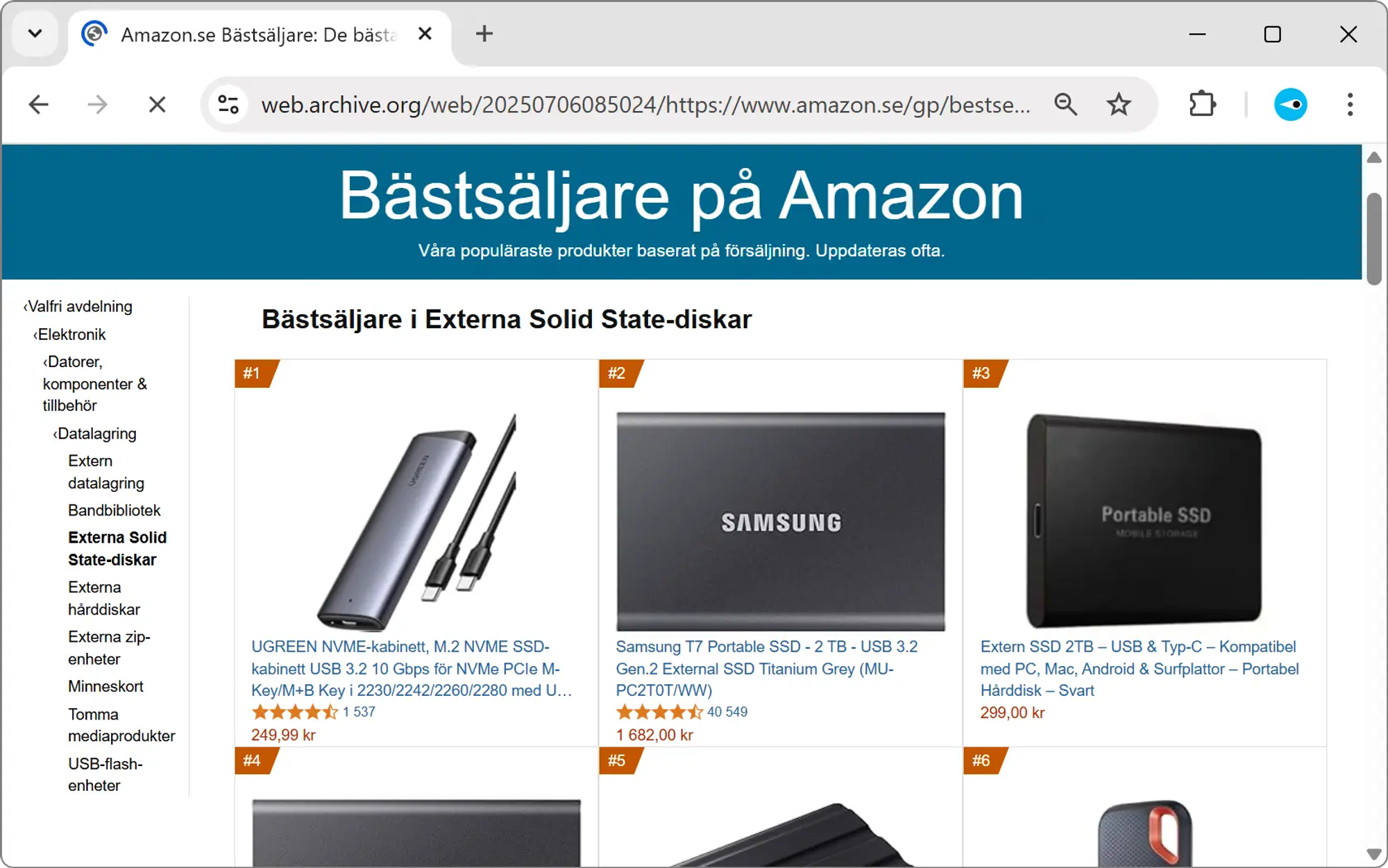 Skärmavbild av Amazons topplista över externa SSD-enheter. På tredjeplats ligger en extern 2 TB-disk för 299 kr.