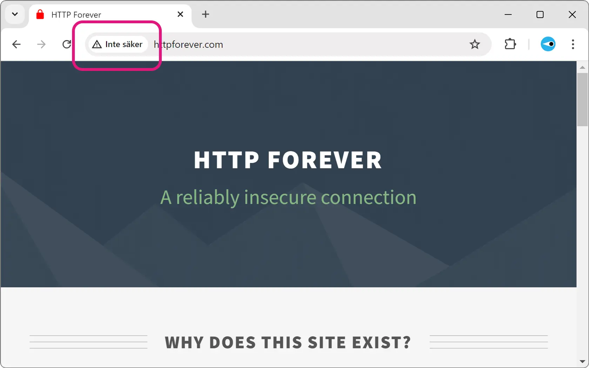 Skärmavbild av webbläsaren Google Chrome som visar att anslutningen till en webbplats är osäker. Texten ”inte säker” står i adressfältet.