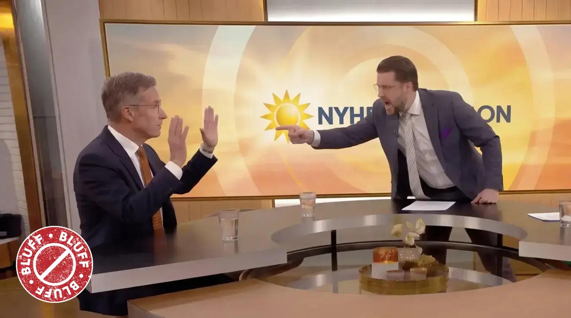 Manipulerad bild som visar en ursinnig Jimmie Åkesson och Erik Thedéen i TV4 Nyhetsmorgon. Texten ”Falsk bild” är stämplad ovanpå.