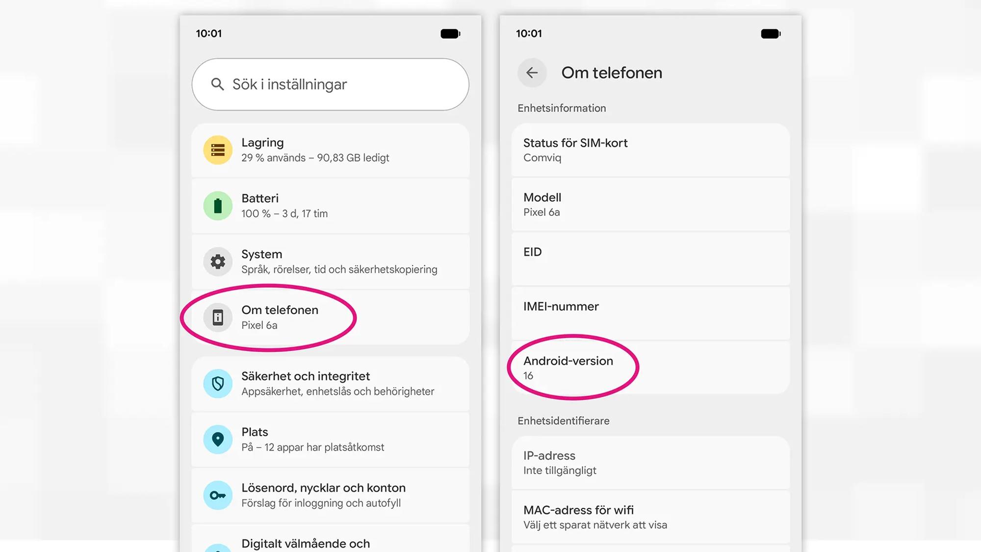 Två skärmavbilder av Inställningar-appen i Android. Sista skärmavbilden visar att mobilen kör Android 16. 