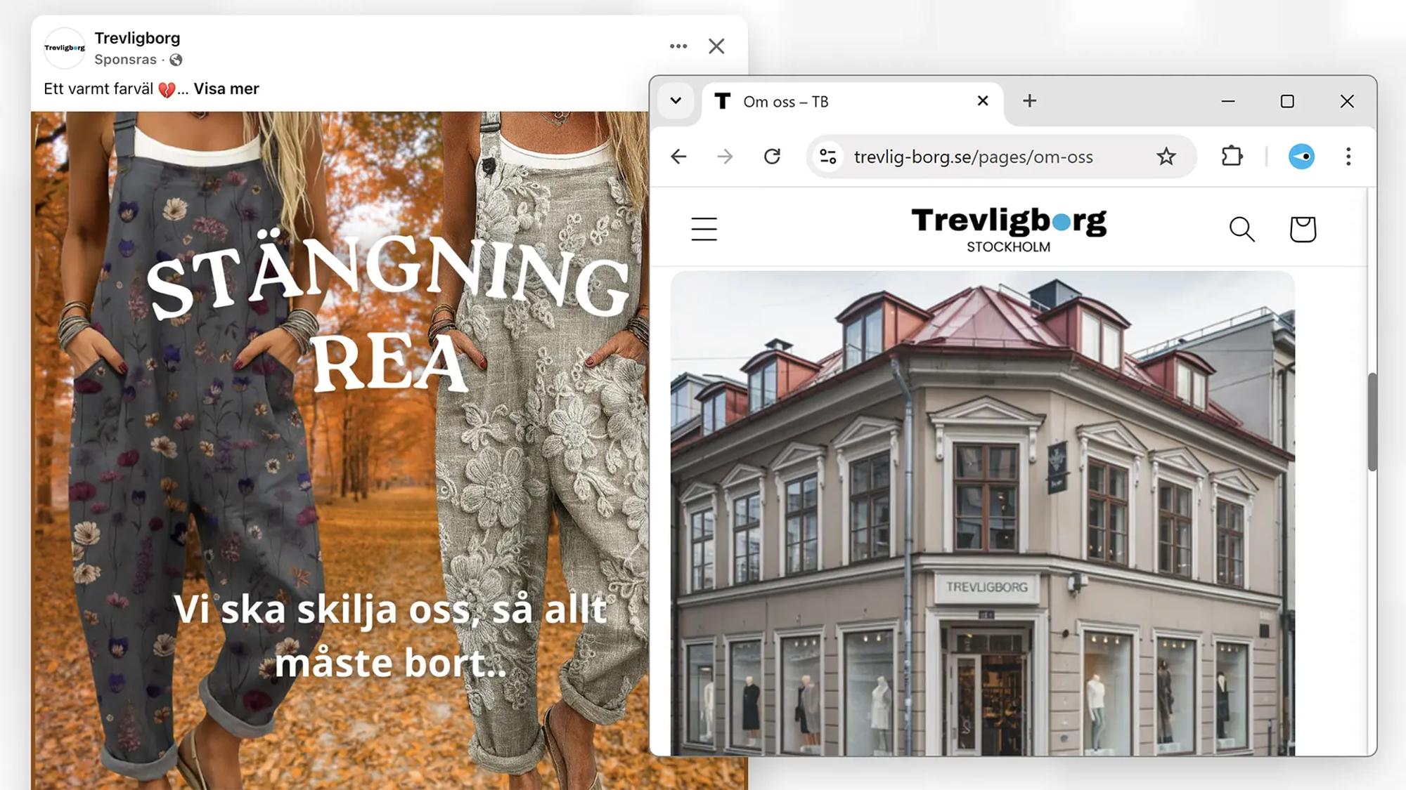 Kollage med två bilder. Bilden till vänster visar en Facebook-annons med texten ”stängningsrea, vi ska skilja oss så allt måste bort”. Bilden till höger visar ett ai-genererat eller bildmanipulerat fotografi av en hörnbutik med Trevligborgs skylt.