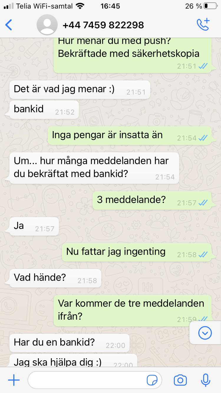 Blocket bedrägeri via whatsapp samtal