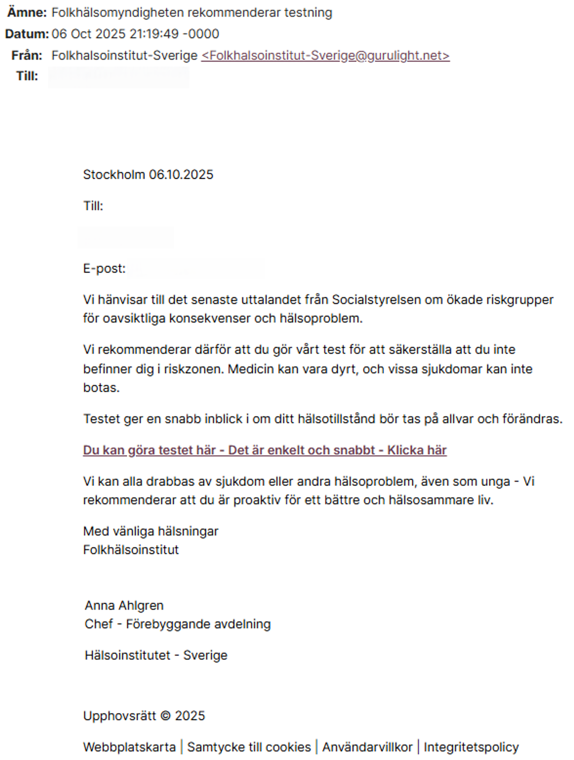 Folkhälsomyndigheten varnar för falska mejl - nätfiske