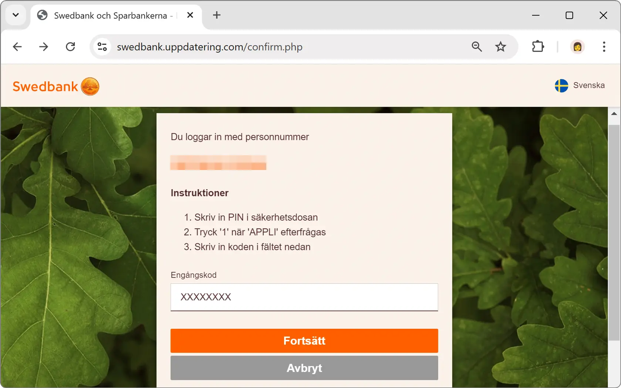 Skärmavbild av falsk Swedbank-webbplats där besökaren uppmanas att logga in med bankdosa.