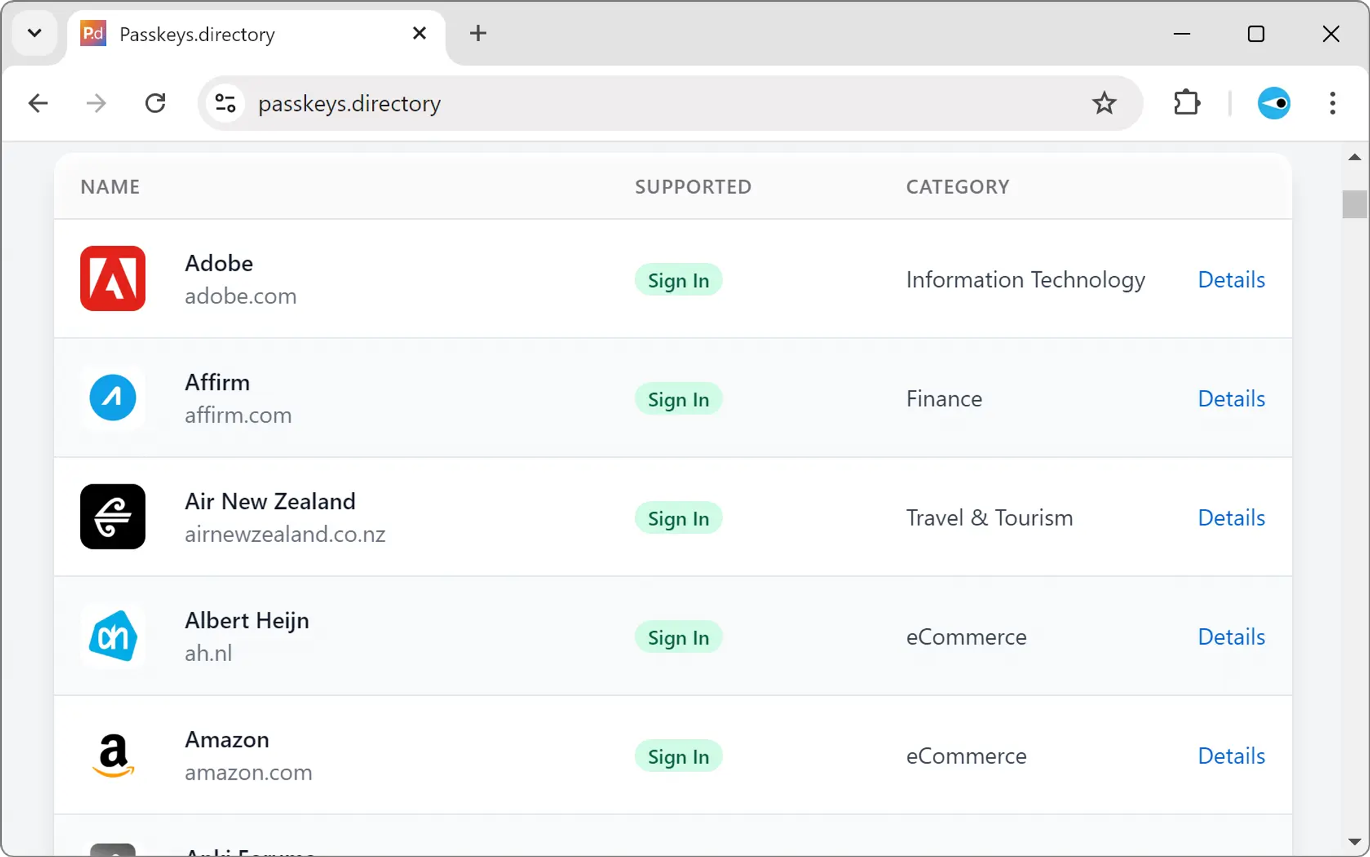 Skärmavbild av startsidan på webbplatsen Passkeys Directory. Adobes och Amazons logotyper syns i listan.