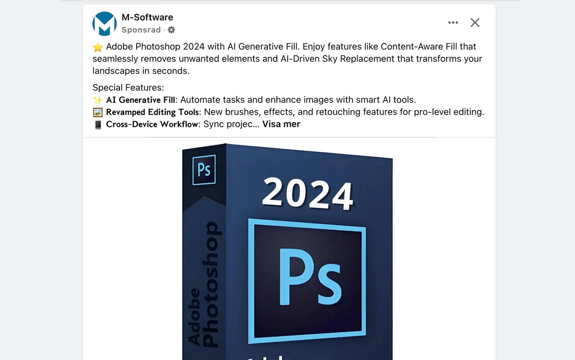 Skärmavbild av bedräglig Facebook-annons för Adobe Photoshop 2024.