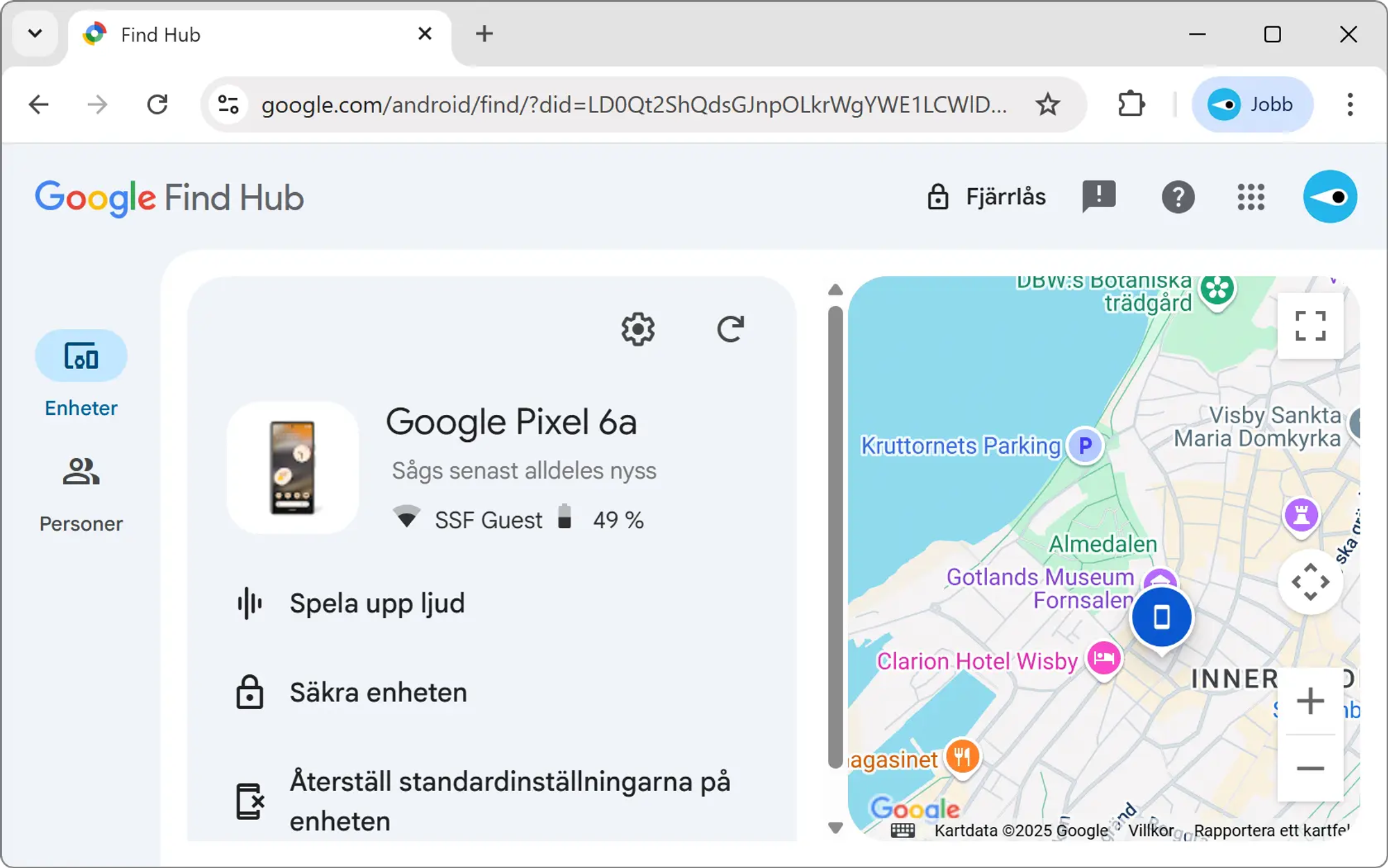 Skärmavbild av Google Find Hub som lokaliserar en borttappad Android-mobil.