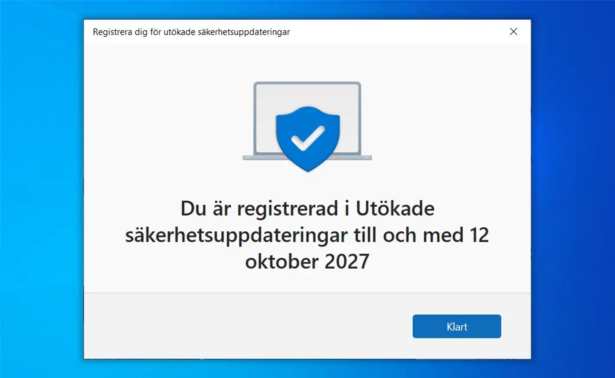 Skärmavbild av Microsofts registreringsruta för utökade säkerhetsuppdateringar. Texten ”Du är registrerad i Utökade säkerhetsuppdateringar till och med 12 oktober 2027” visas stort.