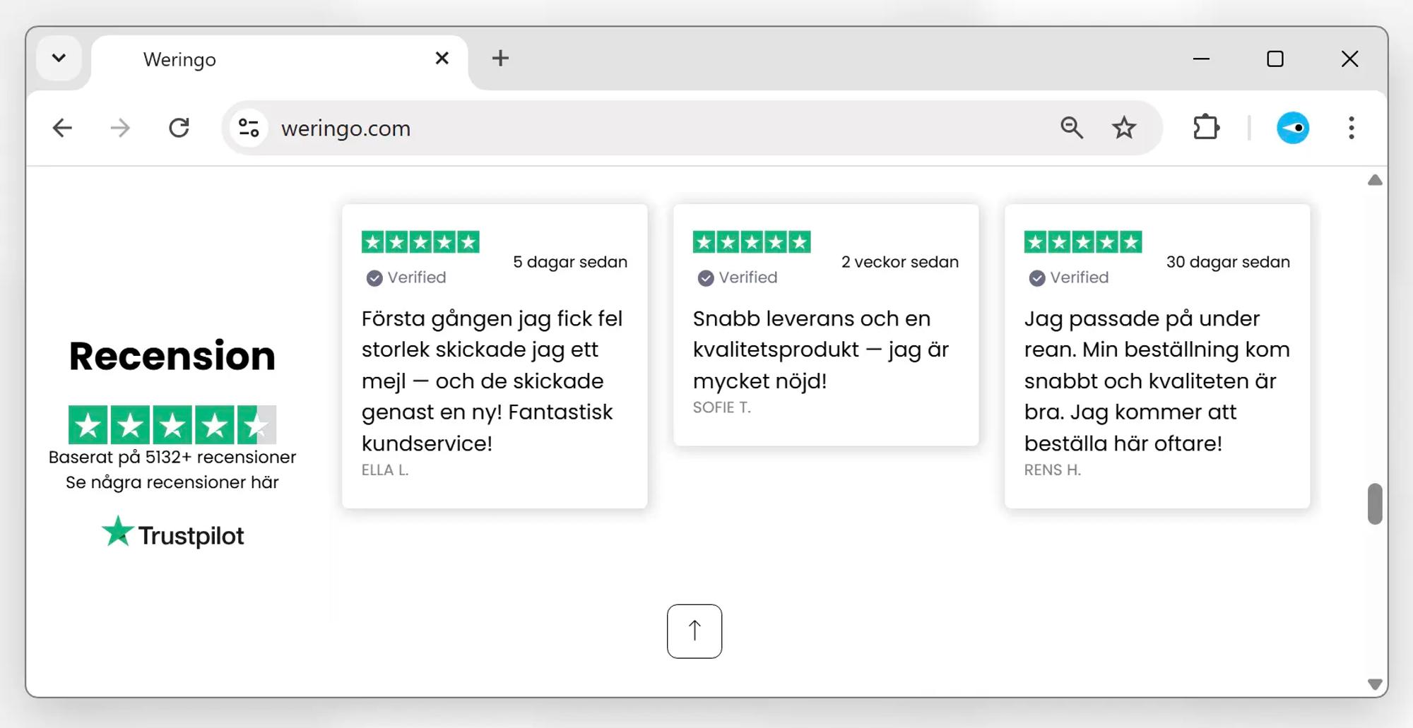 Skärmavbild av Weringos webbplats. Webbplatsen påstår att de har 5132 omdömen på Trustpilot och visar en samling av falska femstjärniga omdömen. 
